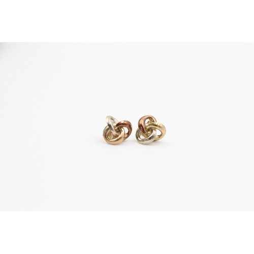 66 - 9ct white, rose and yellow gold knot earrings (boxed) (0.6g)