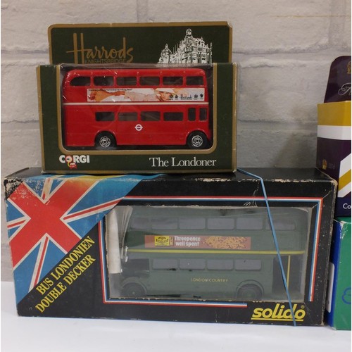 556 - FOUR DIECAST BUSES, SOLIDO LONDON COUNTRY, QUEENS 90th BIRTHDAY, DUBLIN TOUR & HARRODS