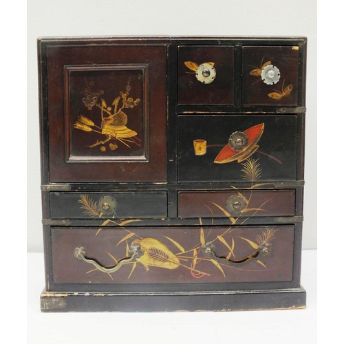 563 - ANTIQUE JAPANESE HAND PAINTED MINIATURE CHEST OF DRAWER CABINET WITH HIDDEN DRAWERS