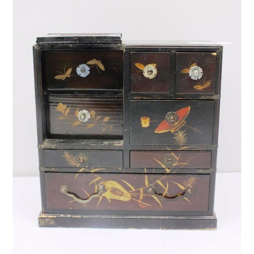 563 - ANTIQUE JAPANESE HAND PAINTED MINIATURE CHEST OF DRAWER CABINET WITH HIDDEN DRAWERS