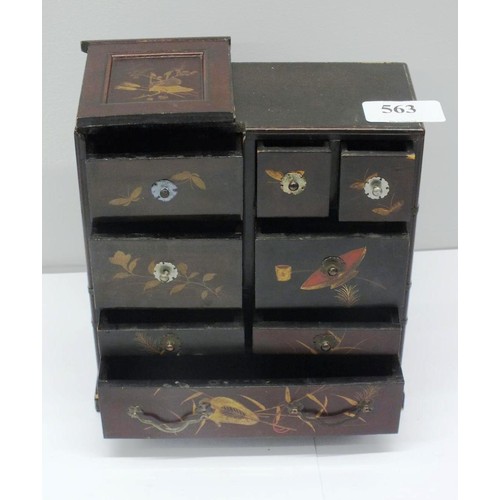 563 - ANTIQUE JAPANESE HAND PAINTED MINIATURE CHEST OF DRAWER CABINET WITH HIDDEN DRAWERS