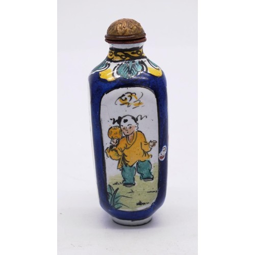 570 - ANTIQUE/VINTAGE CLOISONNE ENAMEL ON COPPER SNUFF BOTTLE, COMPLETE WITH SCOOP