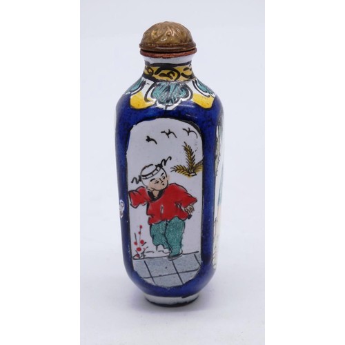 570 - ANTIQUE/VINTAGE CLOISONNE ENAMEL ON COPPER SNUFF BOTTLE, COMPLETE WITH SCOOP