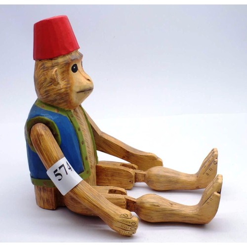 574 - VINTAGE HAND CARVED BELL BOY ARTICULATED MONKEY 12