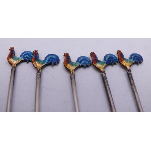 577 - SET OF FIVE ART DECO STERLING SILVER AND GUILLOCHE ENAMEL COCKEREL COCKTAIL STICKS