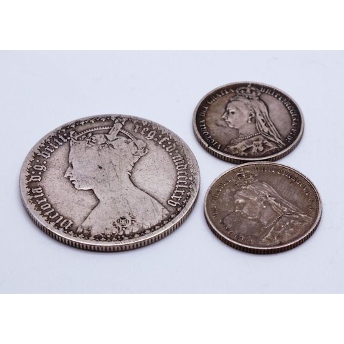 360 - TWO VICTORIA SILVER SIXPENCE COINS AND A VICTORIAN GOTHIC FLORIN