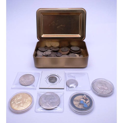 362 - COLLECTION OF COINS IN A REPLICA WW1 MARY TIN