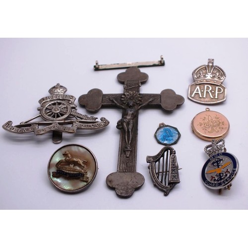 363 - SWEETHEART BROOCH, SILVER A.R.P BADGE, CROSS ETC