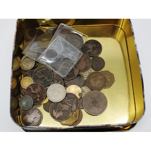 318 - OLD TIN WITH TOKENS, MEDALS & COINS