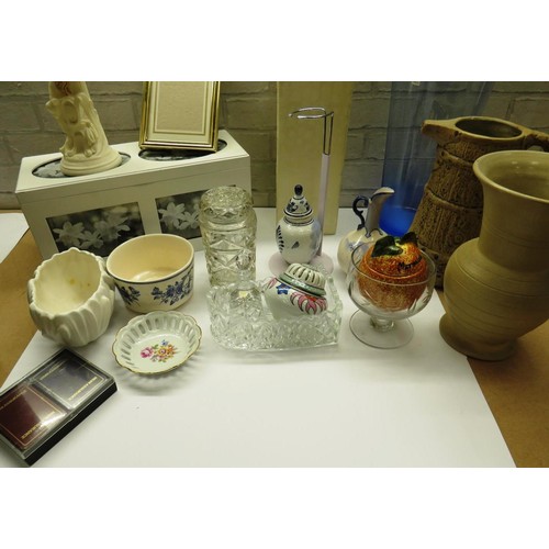 452 - TWO BOXES OF CERAMICS AND GLASS INCLUDES VASES, SYLVAC AND A PHOTO BOX DRAWER