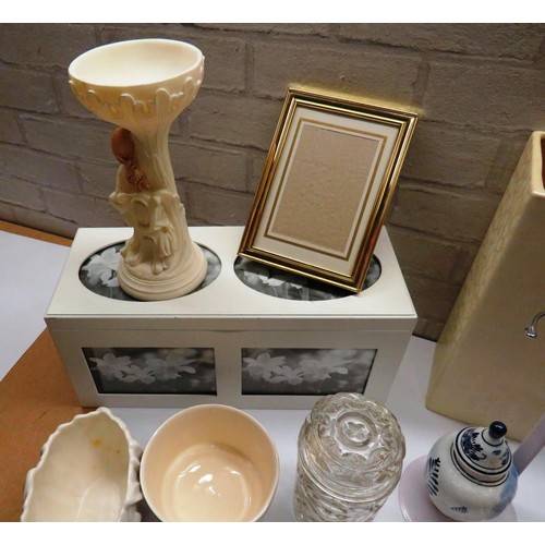 452 - TWO BOXES OF CERAMICS AND GLASS INCLUDES VASES, SYLVAC AND A PHOTO BOX DRAWER