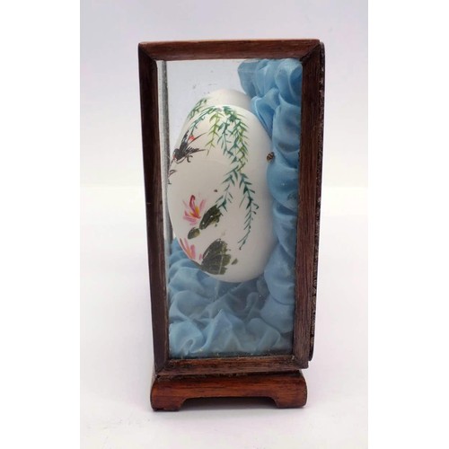 361 - VINTAGE ORIENTAL HAND PAINTED EGGS IN WOOD AND GLASS DISPLAY CASE