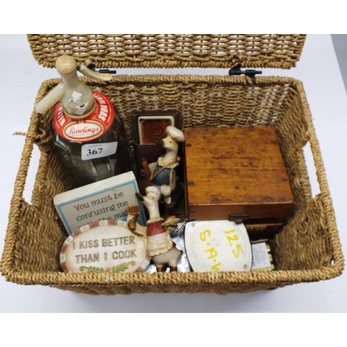 367 - WICKER BASKET AND CONTENTS INCLUDES WOODEN BOX OF JEWELLERY, SODA SYPHON ETC