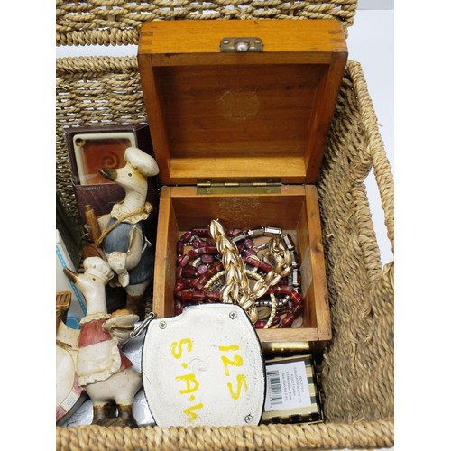 367 - WICKER BASKET AND CONTENTS INCLUDES WOODEN BOX OF JEWELLERY, SODA SYPHON ETC