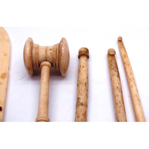 381 - COLLECTION CARVED BONE INCLUDES SMALL GAVEL, CROCHET HOOKS, LETTER OPENER AND PILL/NEEDLE CASE