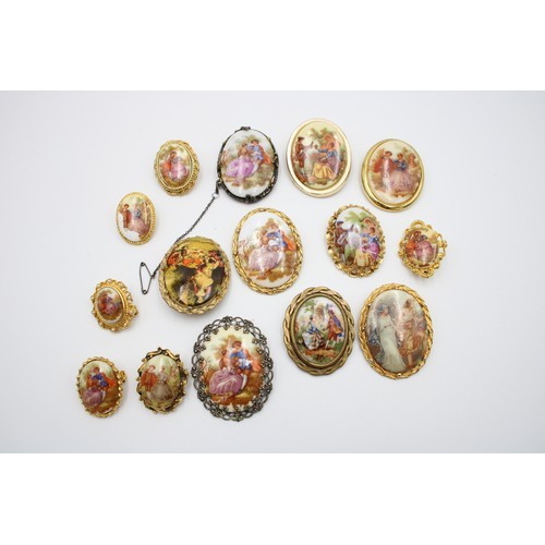 443 - 15 x Vintage Porcelain BROOCHES inc. Limoges, Hand Painted, Portrait, Filigree