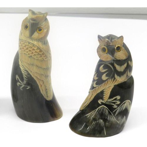 355 - THREE CARVED HORN OWLS