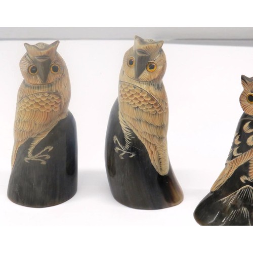 355 - THREE CARVED HORN OWLS