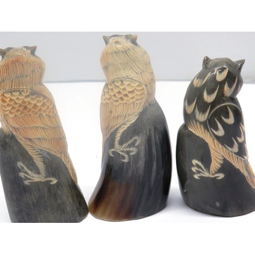 355 - THREE CARVED HORN OWLS