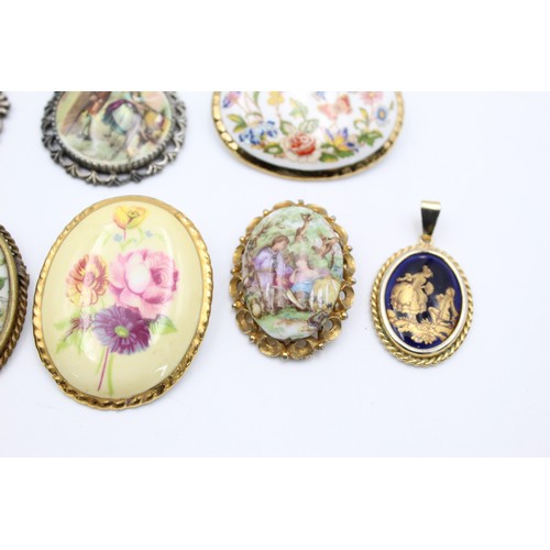 156 - 10 x Vintage PORCELAIN JEWELLERY w/ Limoges, Bilston, Ainsley, Pendant, Brooch