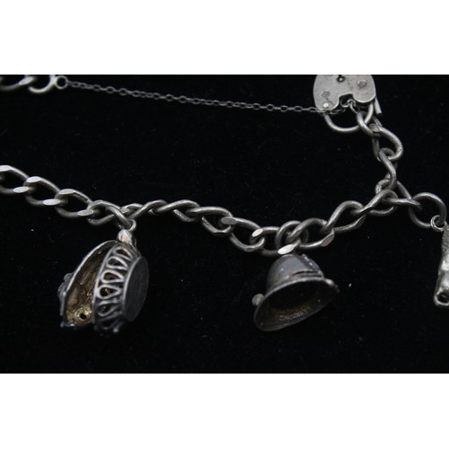 195 - .925 Sterling Silver CHARM BRACELET w/ Heart Padlock, Vintage Charms (36g)