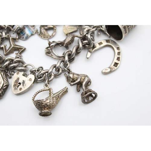 178 - .925 Sterling Silver CHARM BRACELET w/ Heart Padlock, Vintage Charms (109g)