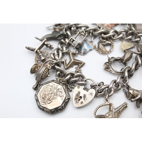 178 - .925 Sterling Silver CHARM BRACELET w/ Heart Padlock, Vintage Charms (109g)