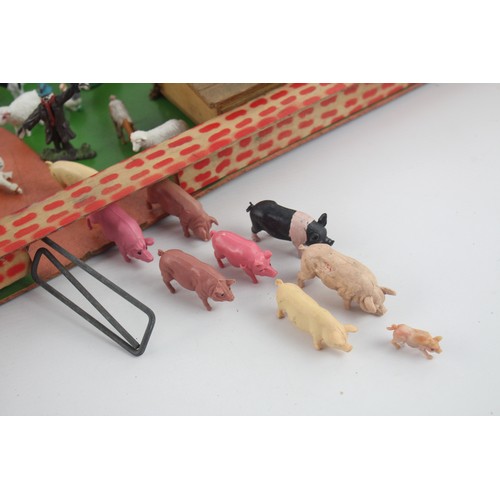 213 - Vintage Wooden Farm Yard / House Play Set w/ Plastic Figures Inc. Britains