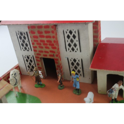 213 - Vintage Wooden Farm Yard / House Play Set w/ Plastic Figures Inc. Britains