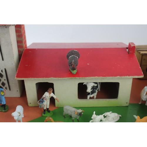 213 - Vintage Wooden Farm Yard / House Play Set w/ Plastic Figures Inc. Britains