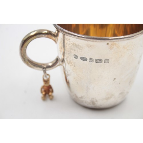 219 - Stamped .925 STERLING SILVER Christening Cup w/ Teddy Bear Charm R. Carr (54g)