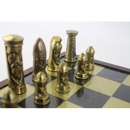 299 - Vintage Decorative BRASS Medieval / Middle Ages Themed Chess Set with Board