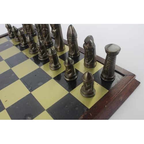 299 - Vintage Decorative BRASS Medieval / Middle Ages Themed Chess Set with Board