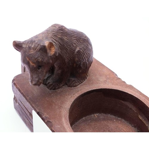 409 - ANTIQUE HAND CARVED BLACK FOREST WOOD CARVED BEAR STATUE ASHTRAY