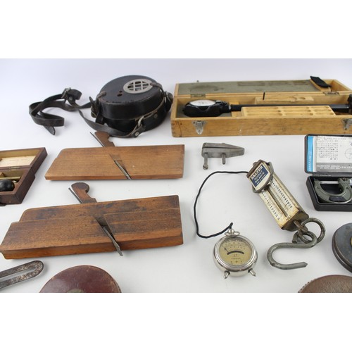 63 - Job Lot of Vintage Assorted TOOLS Inc. Test Meter, Tape Measure, Engineers Tools