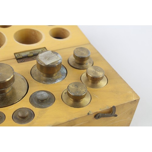 285 - Vintage German Brass Balance Scale Weights Set Cased in Original Wooden Box