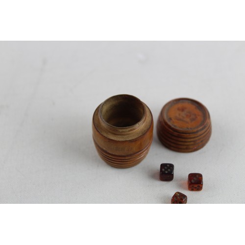 196 - Antique / Vintage Carved Wood Barrel Design Dice Shaker w/ 3 x Glass Dice