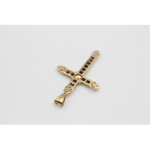 66 - 9ct gold diamond & sapphire cross pendant (1.3g)