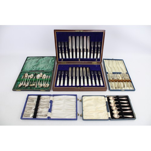 221 - 5 Sets of Vintage Boxed SILVER PLATE Cutlery Inc. Mother of Pearl, Pastry Forks