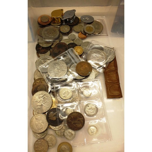 258 - TUB OF COINS INCLUDES EMPTY GOLD SOVEREIGN POUCH FOR 8 SOVEREIGNS
