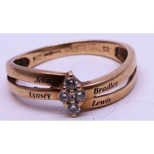 210 - 9CT GOLD CZ STONE RING WITH INSCRIPTIONS, SIZE Q. 3g