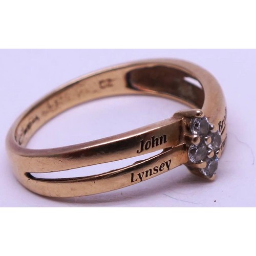 210 - 9CT GOLD CZ STONE RING WITH INSCRIPTIONS, SIZE Q. 3g