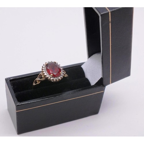 213 - 9CT GOLD RING RUBY & DIAMONDS, SIZE P. 2g