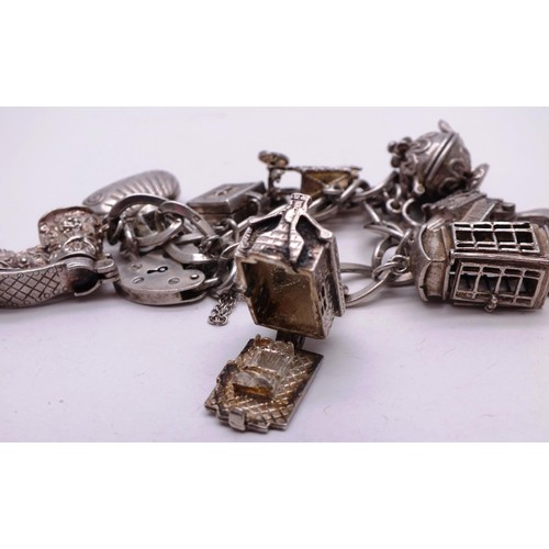 253 - SILVER CHARM BRACELET WITH NINE SILVER CHARMS