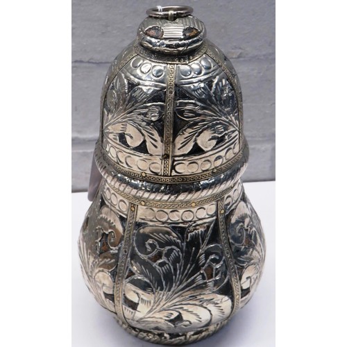 197 - ASIAN SILVER LIDDED POT ON A WOODEN BASE