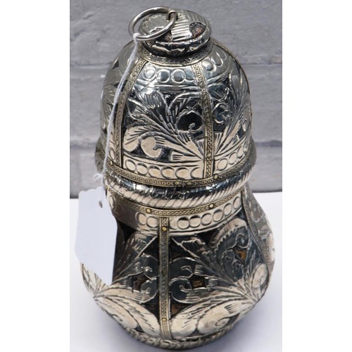 197 - ASIAN SILVER LIDDED POT ON A WOODEN BASE