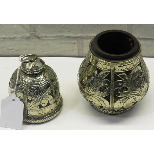 197 - ASIAN SILVER LIDDED POT ON A WOODEN BASE