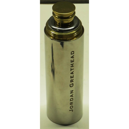 275 - PLATED BULLET HIP FLASK WITH INSCRIPTION