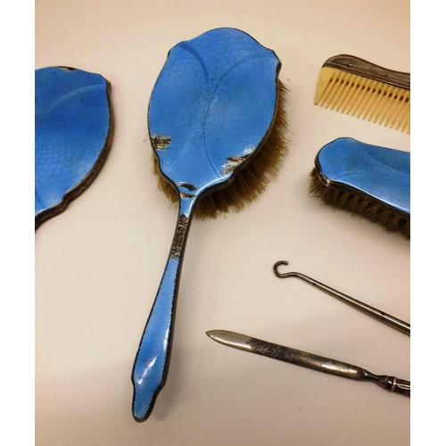 320 - ANTIQUE SILVER BLUE GUILOCHE ENAMEL VANITY SET, SILVER HANDLED COMB, SILVER HANDLED BUTTON HOOK AND ... 