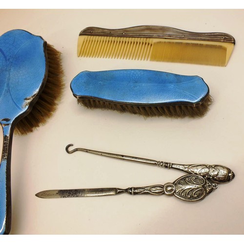 320 - ANTIQUE SILVER BLUE GUILOCHE ENAMEL VANITY SET, SILVER HANDLED COMB, SILVER HANDLED BUTTON HOOK AND ... 